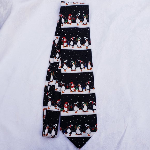 Men's Silk Neck Tie Holiday Theme Penguins - Picture 2 of 4